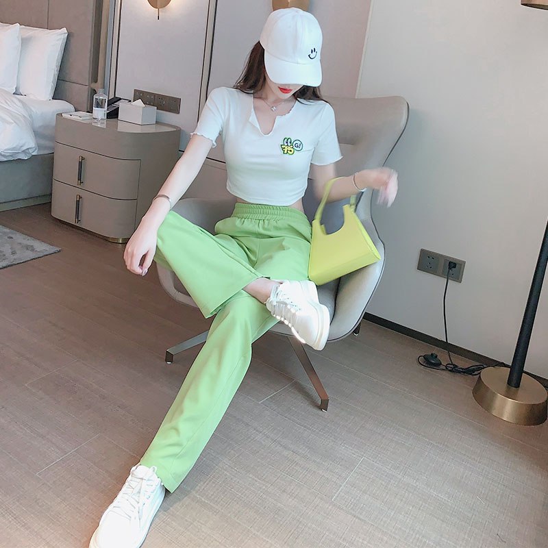 Casual Sports Suit Women's Summer 2022 New Fashion Minus Age Net Red Dew Navel Blouse Pair Wide-legged Pants Two-piece Set