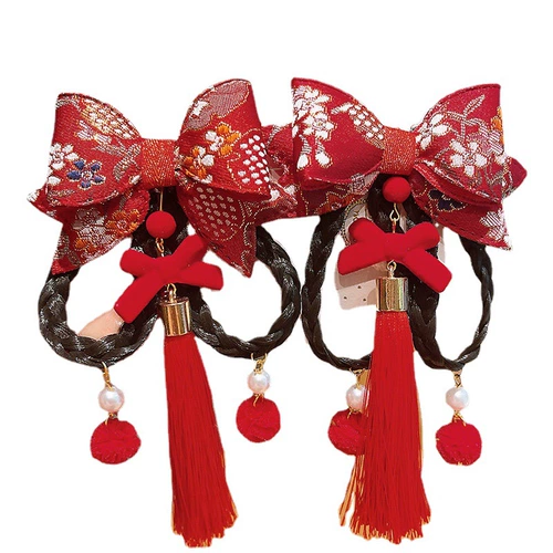 Детский красный парик с косичкой, заколка для волос с кисточками, аксессуар для волос, шпильки для волос, китайский стиль