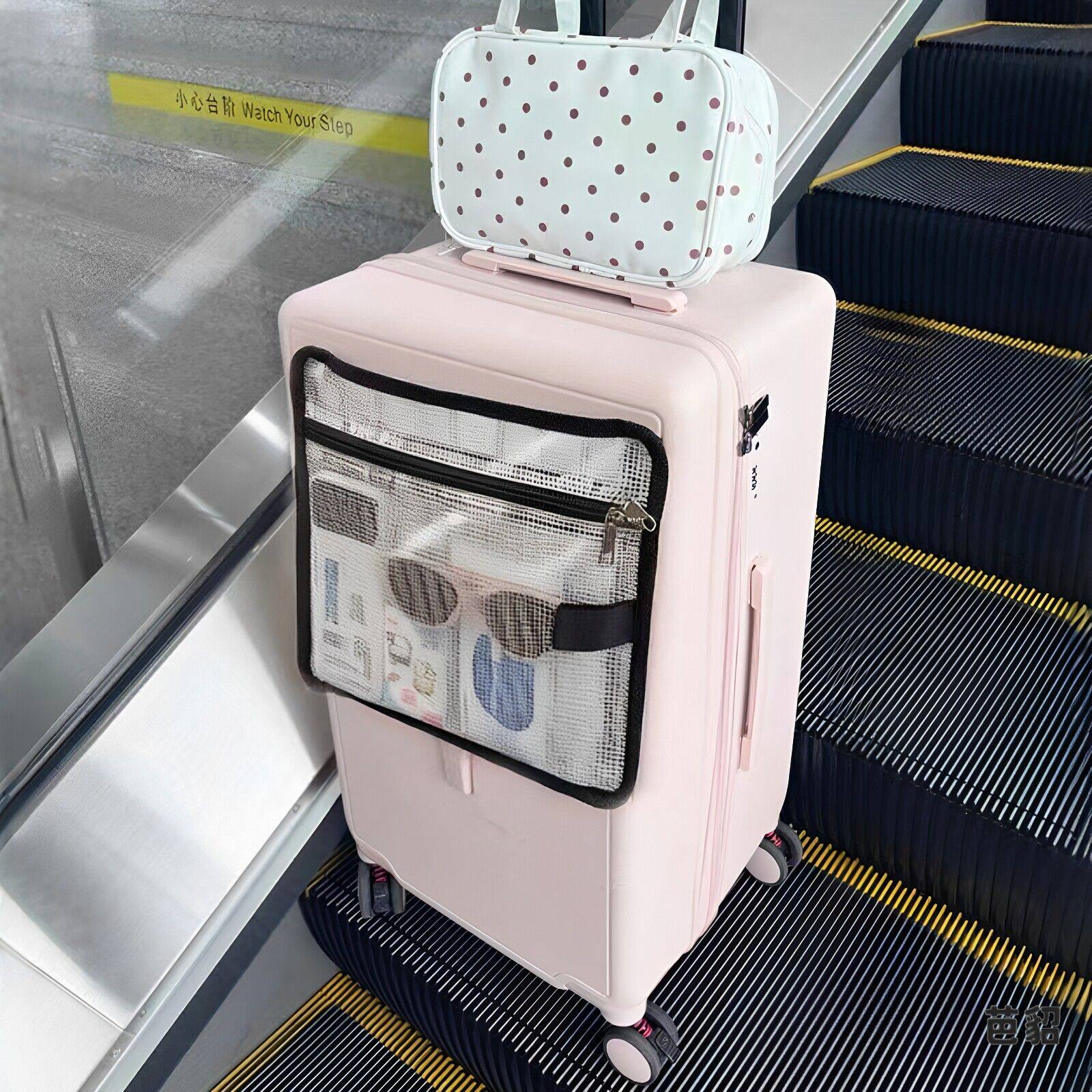 Self-adhesive front transparent mesh luggage storage bag for travel and portable trolley cases, containing data cables, documents, and storage.