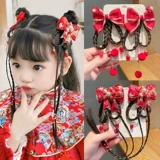 Детский красный парик с косичкой, заколка для волос с кисточками, аксессуар для волос, шпильки для волос, китайский стиль