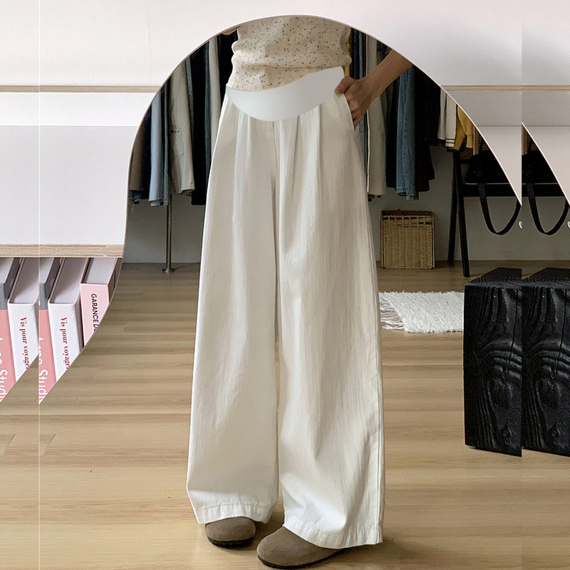 White Denim Maternity Wide-Leg Pants, New Spring and Autumn High-Waisted Petite Pleated Loose Drape Floor-Length Belly-Supporting Trousers
