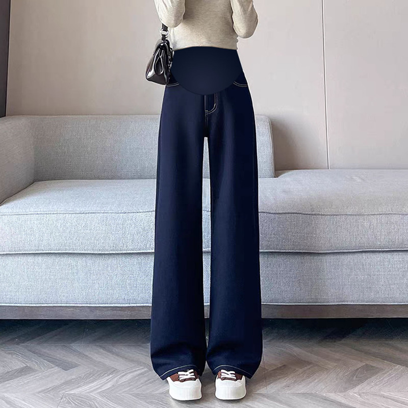 Denim Maternity Pants Spring and Summer New High-Waisted Loose Slimming Wide-Leg Pants Dark Blue Straight-Leg Long Pants with Drape Effect and Belly Support Denim Maternity Pants Spring and Summer New High-Waisted Loose Slimming Wide-Leg Pants Dark Blue Straight-Leg Long Pants with Drape Effect and Belly Support