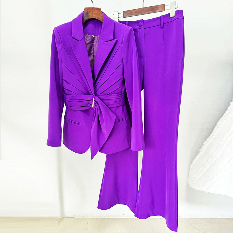 In-Stock 2026 New European and American Celebrity Fashion Lace-Up Waist-Cinching Blazer Purple Flared Long Pants Two-Piece Set for Women