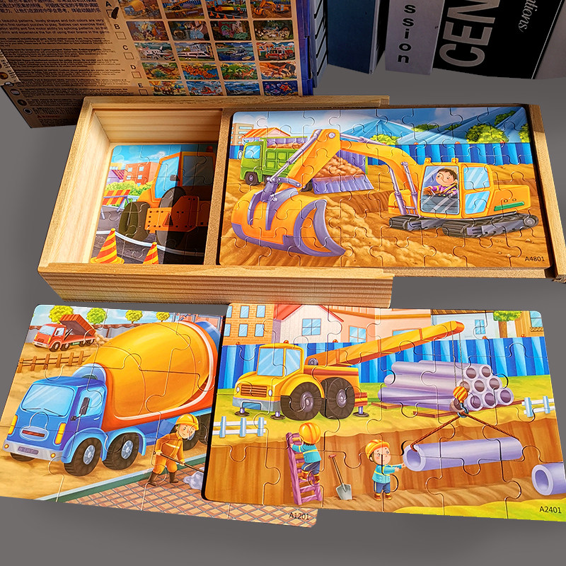 4-2-3-old 2-3-wooden child's puzzle power early to teach boy's baby car-vehicle Excavator Jigsaw Puzzle Dinosaur