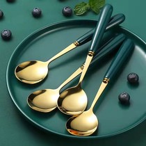 Ancestral Mother Green Thickened Stainless Steel Spoon Home Drink Soup For Dinner With Creative Han Style Cute Long Handle Spoon Cutlery Suit
