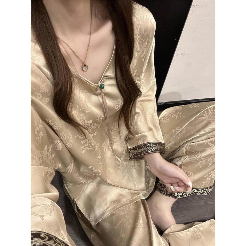 New Chinese-Style Silk Pajamas for Women, Spring Light Luxury Retro Floral Long-Sleeved Long Pants, Plus-Size Loungewear Set That Can Be Worn Outside