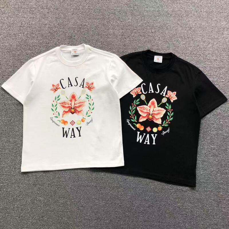 Casablanca French Floral Short-Sleeve T-Shirt Unisex Round Neck Letter Print Top Women's Clothing