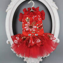 Red sequin embroidery dress Pet wedding dress Cat and dog clothes Pet New Years dress Winter private pet hand-made