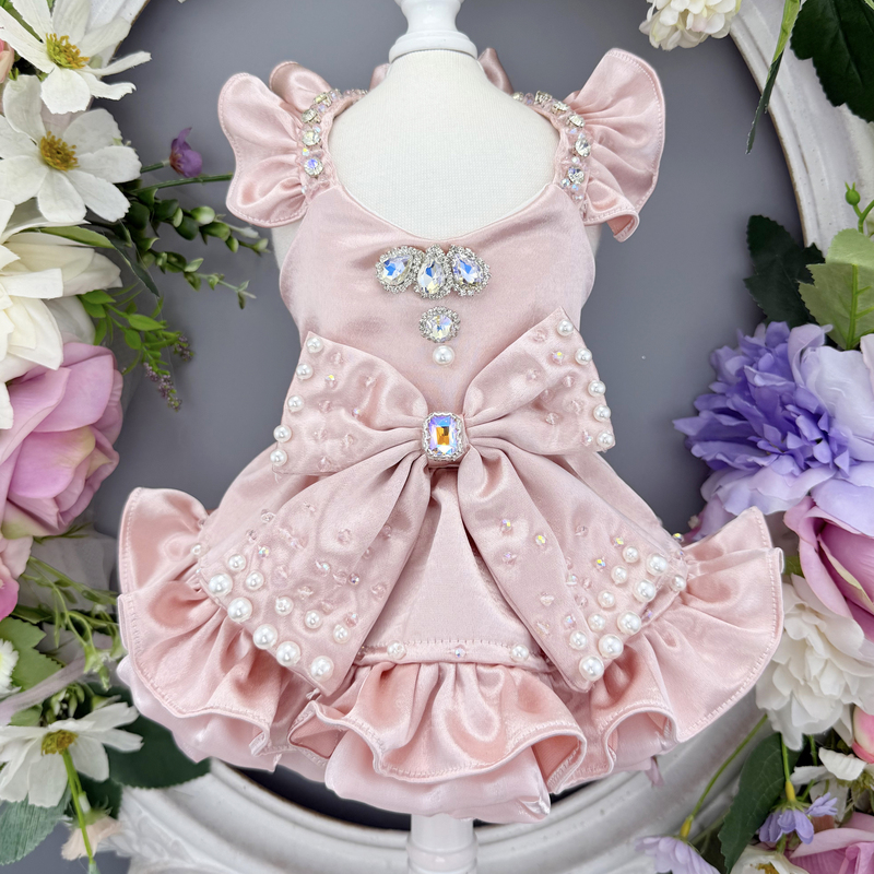 Handmade Pink Gilt Satin Pet Princess Dress for Teddy, Poodle, Bichon, Pony, Spring and Autumn One-Piece Dress, Dog Dress