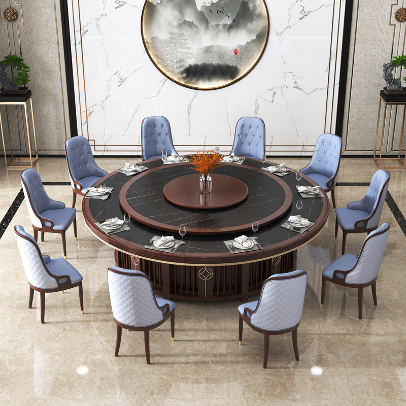 Hotel dining table large round table 13 20 people hotel box club rock plate solid wood new Chinese electric turntable round table