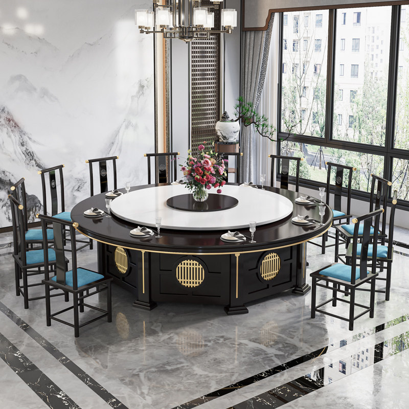 Hotel restaurant banquet room box solid wood electric manual large round table dining table dining chair hot pot table 15 people 20 people