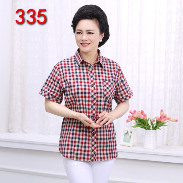 Zhong Hai mẹ mùa hè cotton ngắn tay áo sơ mi nữ trung niên kẻ sọc sơ mi cotton cỡ lớn nửa áo sơ mi tay - Quần áo của mẹ áo đầm tuổi trung niên