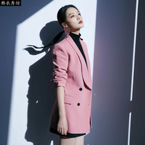 Senior feel fried street fashion small suit pink casual double-breasted medium and long blazer women spring and autumn 2021