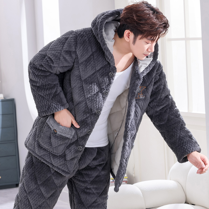 Pajamas for Men, Winter Coral Velvet, Youth Three-Layer Thickeneded Fleece-Lined Quilted Jacket, Warm Flannel Home Wear Set