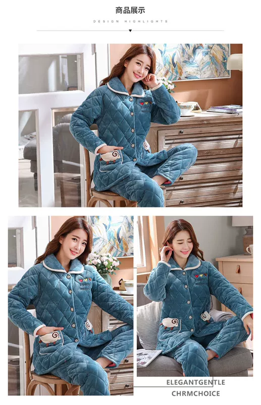 Đồ ngủ phụ nữ mùa đông ba lớp dày chần bông san hô lông cừu ấm áp flannel nữ dễ thương bộ đồ phục vụ tại nhà mùa thu và mùa đông - Giống cái