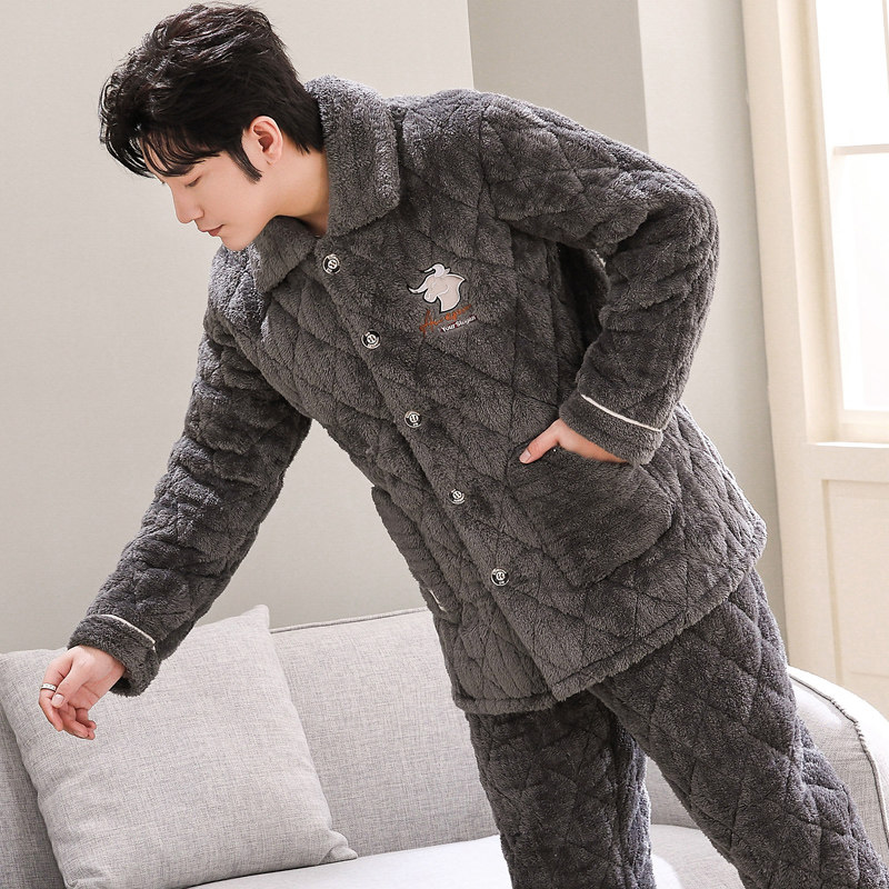 Sleepwear Male Winter Thickened Cotton Triple Clip Cotton Coral Suede Autumn Winter men's flannel Flannel Sumpsuit Warm