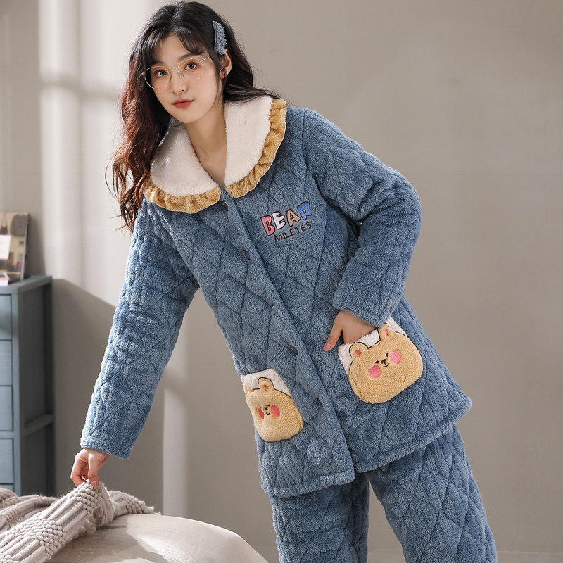 Pajamas woman winter thickened coral velvet flannel suit in autumn winter warm and plus velvet home suit
