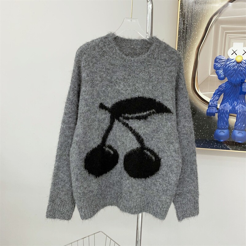 Thickened Autumn and Winter Sweater in Gray Cherry Jacquard, Fluffy Mohair Pullover, Loose Fit, Same Style as Celebrities Sun Yi and Mao Xiaotong