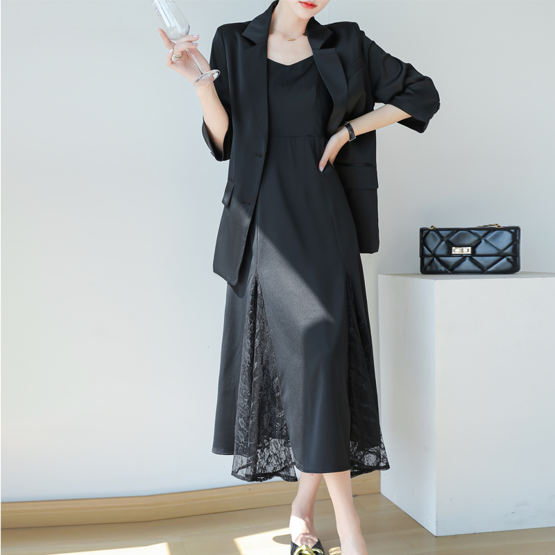 Summer Thin Imitation Acetate Suit Set for Women, Plus Size Satin Blazer and Slip Dress 100kg