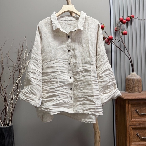 1199 Popular Linen Turn-Down Collar Double Pocket Artistic Shirt (Length 60-65cm, Bust 130cm)