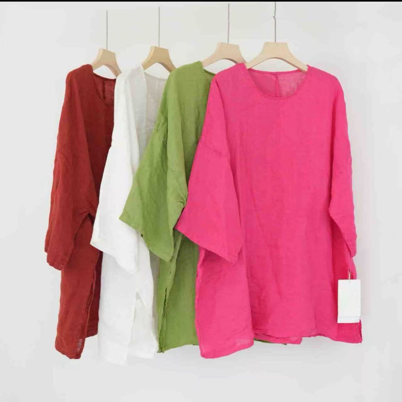 688 Linen Round-Neck Oversized Loose Shirt (Length 82cm, Bust 144cm)