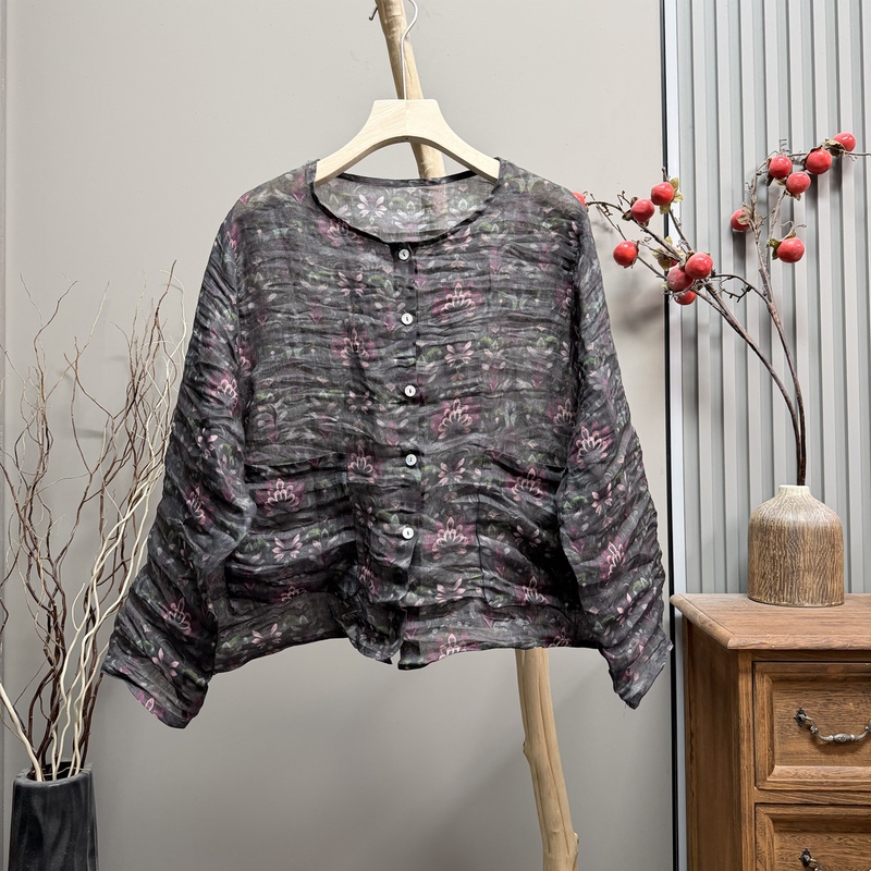 26025 Ramie Double-Pocket Shell Button Cardigan (Length 55cm, Bust 120cm)