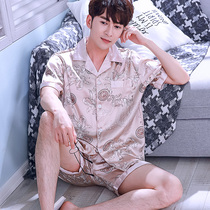 Sleepwear Summer Short Sleeves Mid Pants Silk Mens Summer Youth Male Ice Silk Thin handsome mens home Suits Suits