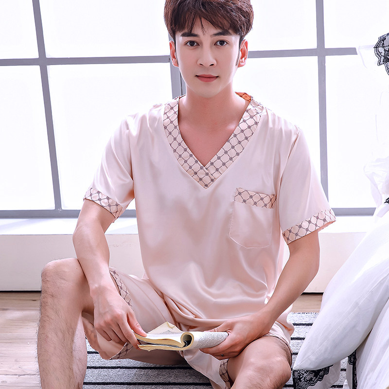 Summer plus size men's simulation silk pajamas short-sleeved thin suit summer men's ice silk shorts home service