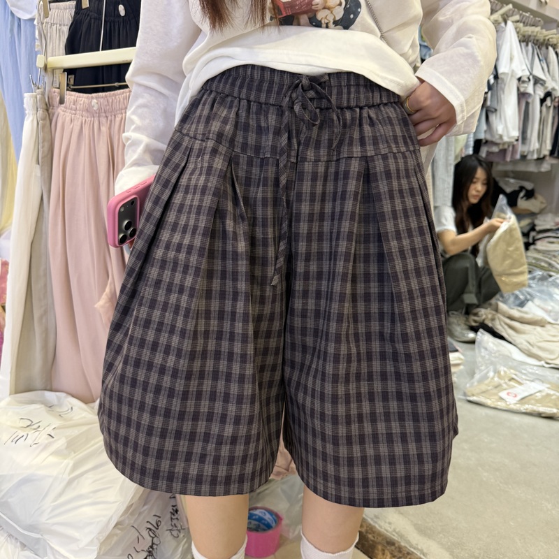 2026 Autumn New Korean Style Fashion Versatile Elastic Waist Plaid Shorts Women's Casual Fashion Plaid Wide-Leg Pants Trendy