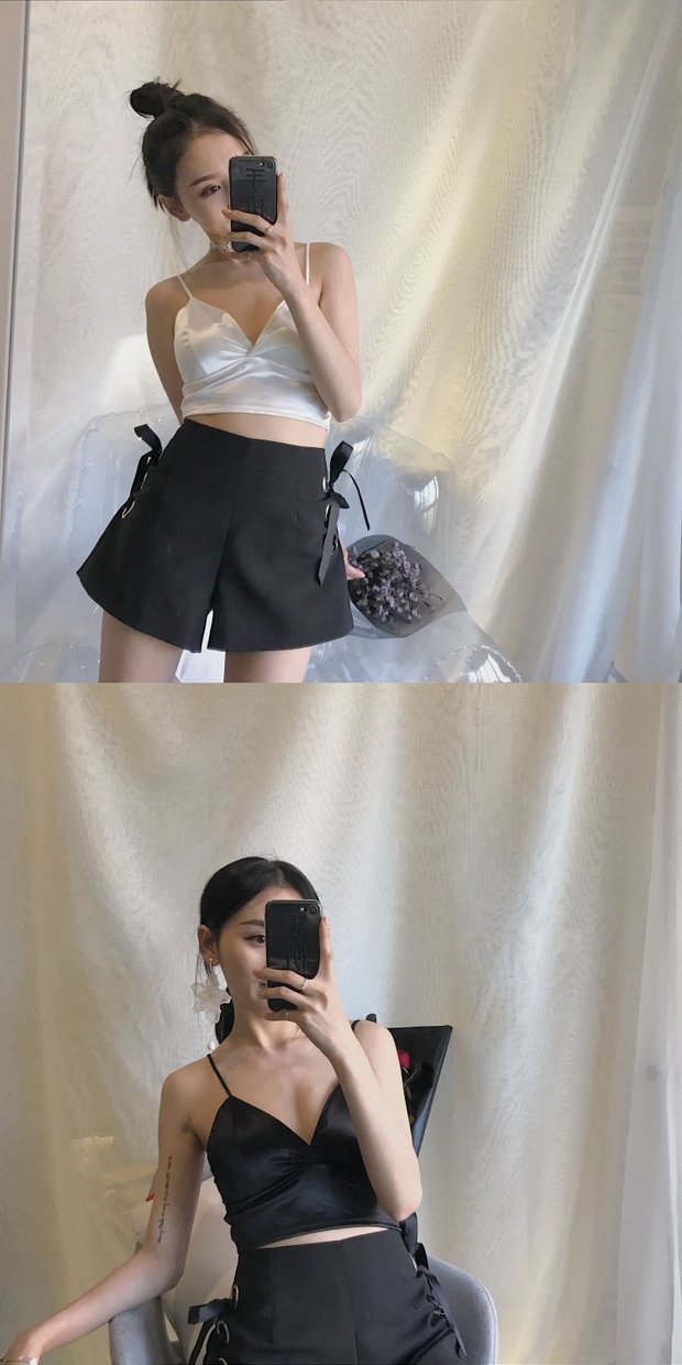 Mùa hè mới Hàn Quốc retro chic gió gợi cảm hoang dã đoạn ngắn không có vòng thép satin V-cổ sling áo bánh bèo