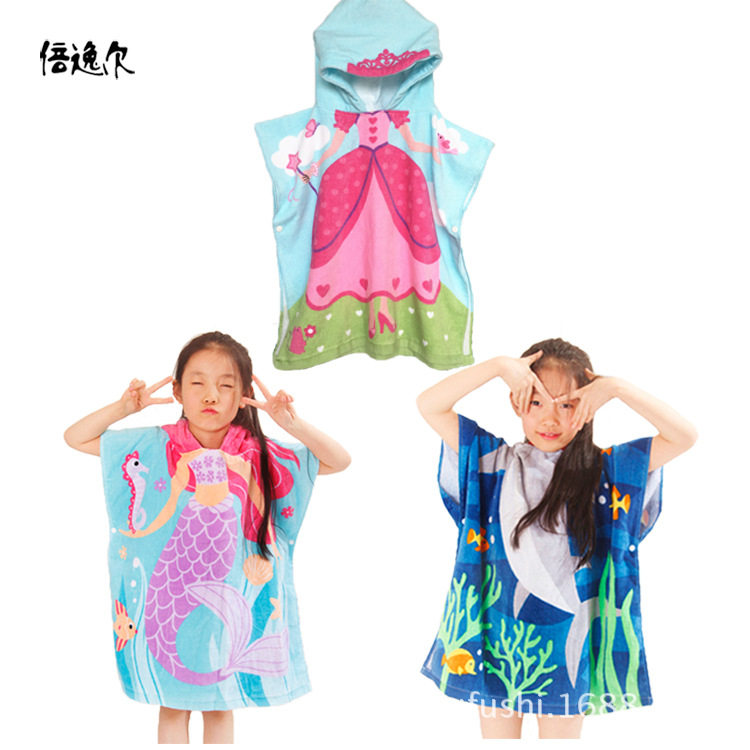 Korean version of Korean version cartoon printed mermaid water suction speed dry pure cotton children wearing hat bathrobe bathrobe beach towels
