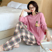 Pure Cotton Pyjamas Woman Spring Autumn Big Code 200 Catty Weight Mm Round Collar Long Sleeve Cartoon Plaid Pants Home Suit Full Cotton