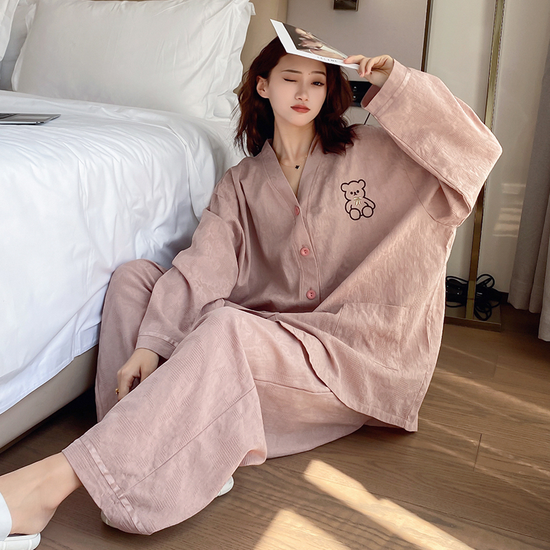 Spring and Autumn Pajamas for Women, Plus Size 100kg for Chubby Women, Pure Cotton Long-Sleeve V-Neck Autumn Loungewear Two-Piece Set, Extra Large Size