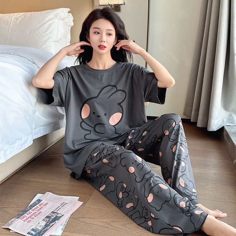 Plus Size Women's Pajamas 100kg Summer Loose Round Neck Short Sleeve Long Pants Pure Cotton Loungewear Set Can Be Worn Outside