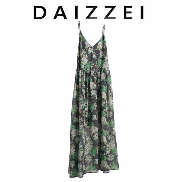 DAIZZEI~ຊຸດປະຈຳຊາດແບບຈີນແບບໃໝ່ແບບຊຸດປະຈຳຊາດ 2024 ລະດູໃບໄມ້ປົ່ງແລະລະດູຮ້ອນ ສິ້ນກະໂປງຍາວສີຂຽວ floral suspender