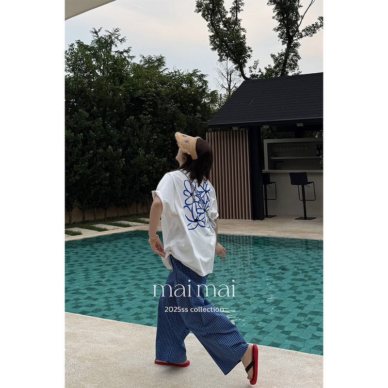 Zheng Buys [Blue Checkerboard Pattern] Summer Casual and Versatile Plaid Drawstring Pants