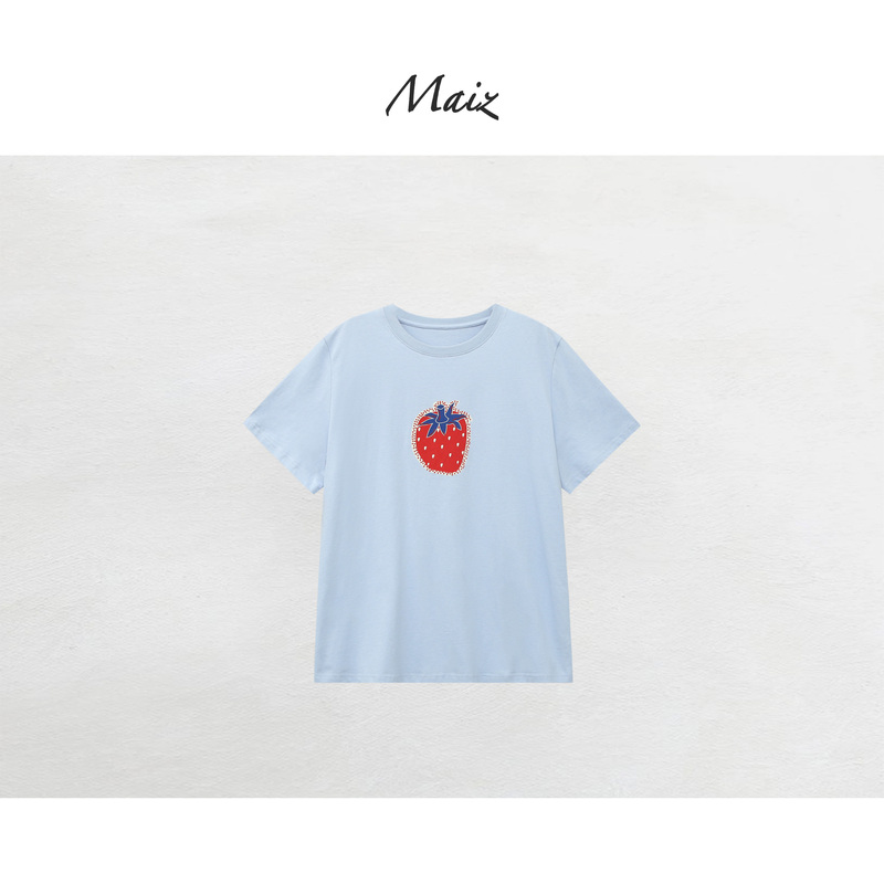 Zheng Maimai Anniversary Celebration Strawberry T-Shirt Summer New Casual Super Cute Versatile Dopamine Color-Block Print Short-Sleeve T-Shirt