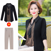 Mother Spring Autumn Dress Long Sleeve T-shirt Middle-aged Lady Fake two temperament undershirt middle-aged and elderly foreign air blouses