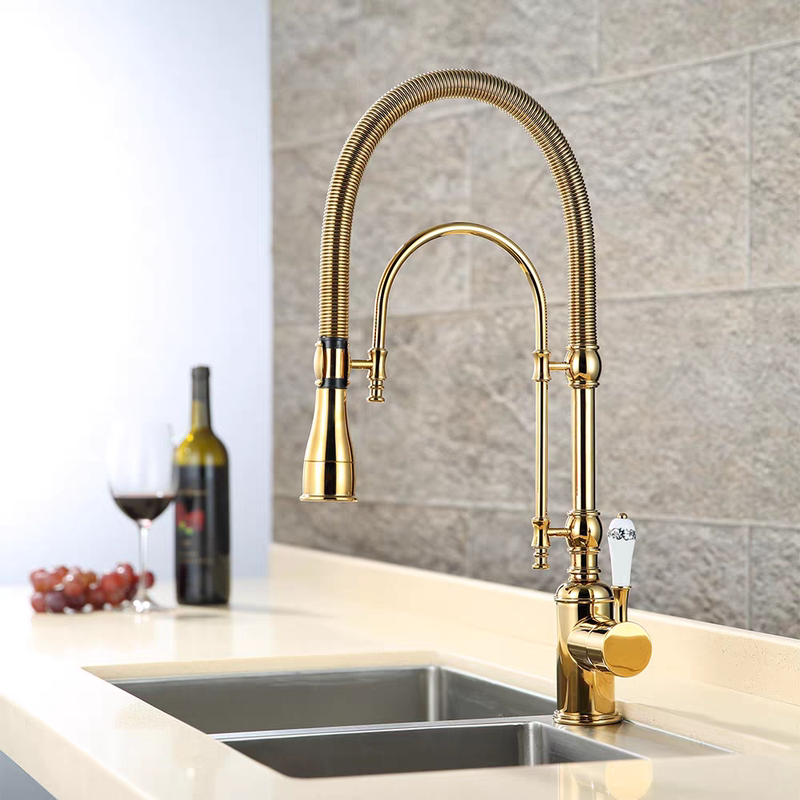 French-Style Vintage All-Copper Kitchen Faucet, Gold-Colored, Splash-Proof, Pull-Out Type for Home Use, Suitable for Sink, Extendable Faucet