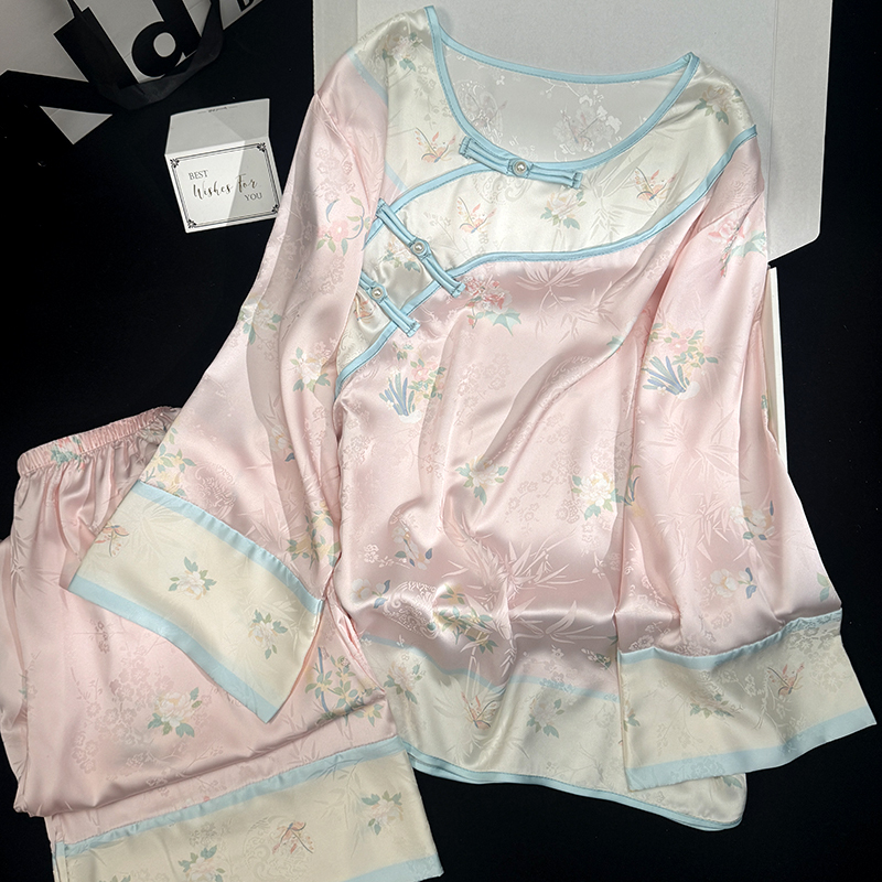 New Chinese-Style Pajamas for Women, Han Qing Ice Silk Loungewear, Ancient Qing Dynasty Chinese Court Style, Autumn and Winter Thick Home Wear Set