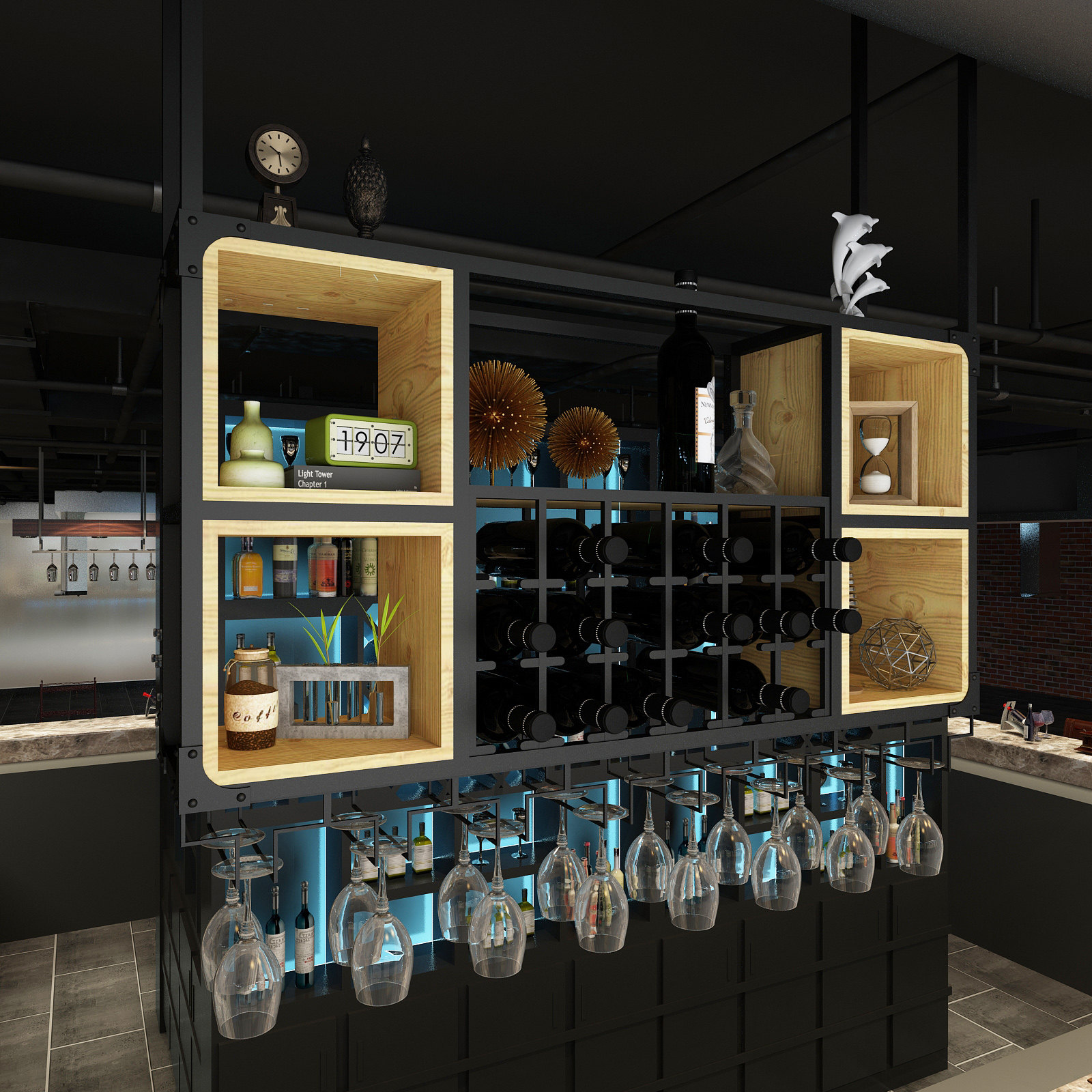 Industrial wind hanger wine cabinet bar wall-mounted household red wine goblet upside-down wrought iron solid wood rack ceiling