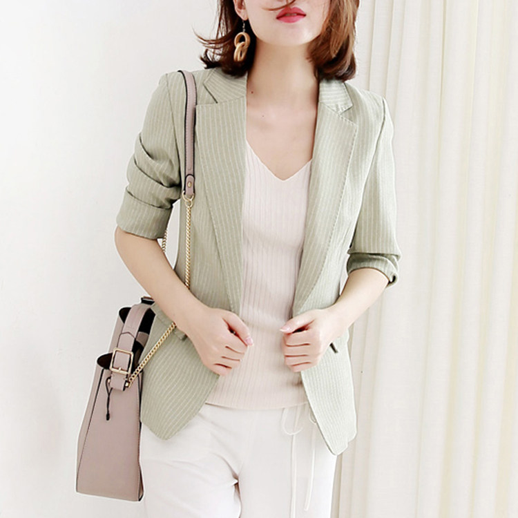 Day Ensemble Bean Green Striped Suit Jacket Lady Spring Autumn New 2022 Korean version 70% Sleeves Small West Suit Jacket Thin