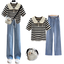 Girls summer suit 2024 new college style striped t-shirt junior high school girls casual sports two-piece set 14