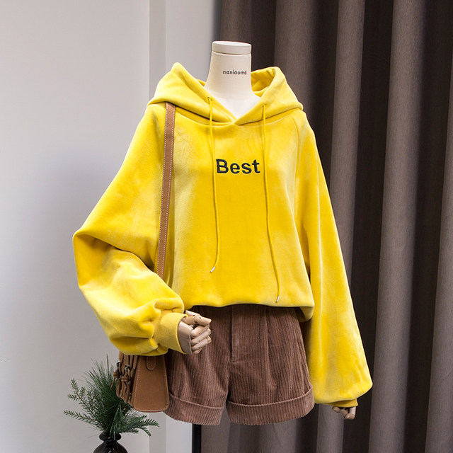 ins double-sided gold velvet sweatshirt women's short hooded 2023 autumn and winter new Korean version loose bf plus velvet thick cec trend