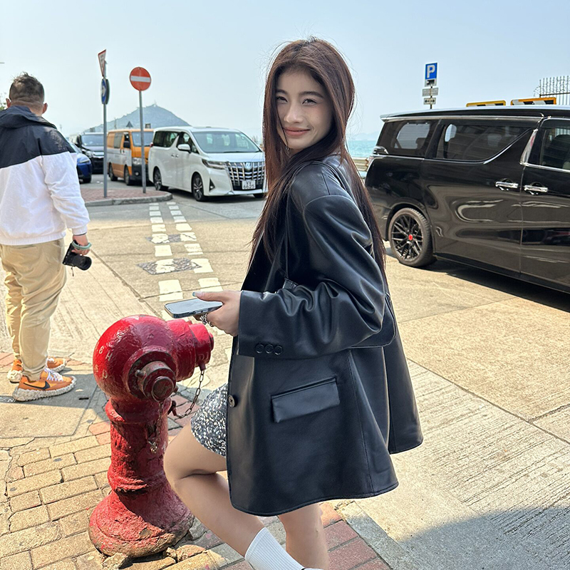 2026 Spring and Autumn New Design High-End Super Popular Retro Black Pu Leather Suit Jacket Women's Loose Hong Kong Style