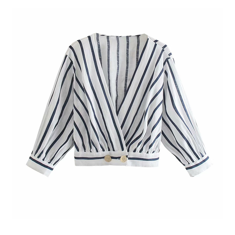 Picture ColorRetro Design sense niche High waist V-neck jacket spring new pattern High waist stripe shirt Age reduction have cash less than that is registered in the accounts Small shirt