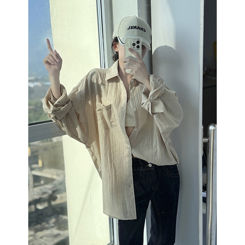 Miancun American Old Money Style Linen Lazy and Relaxed Shirt Loose Long-Sleeved Vacation Sun Protection Shirt for Women