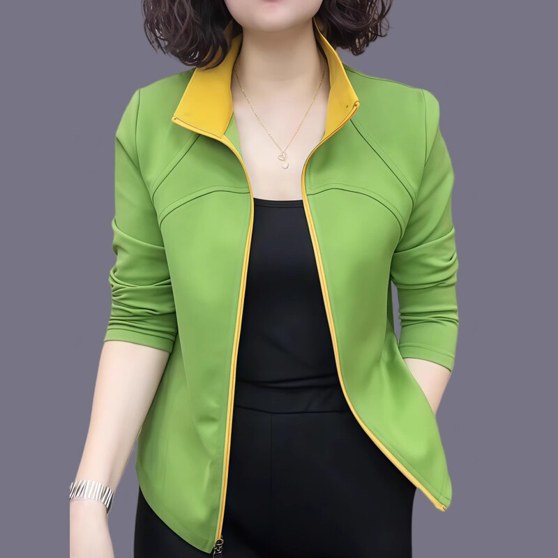 Autumn Stand-Up Collar Cardigan Long-Sleeved Slimming Top Middle-Aged Women's Base Shirt Solid Color Elastic Sports Zipper Jacket