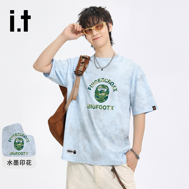 It Fingercroxx Ape Letter Short-Sleeve T-Shirt for Men, Summer American High Street Tie-Dye T-Shirt, Five-Quarter Sleeves