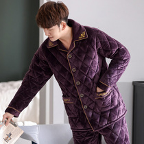 Mens pajamas winter three-layer thickened velvet coral velvet cotton-padded jacket home clothing autumn and winter